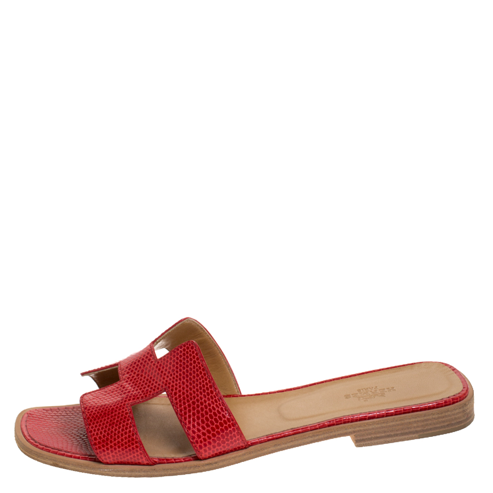 

Hermes Red Lizard Oran Slide Flats Size