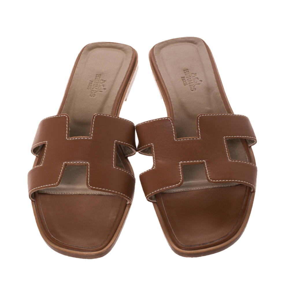 Hermes Brown Leather Oran Flat Slides Size 38.5 Hermes | TLC