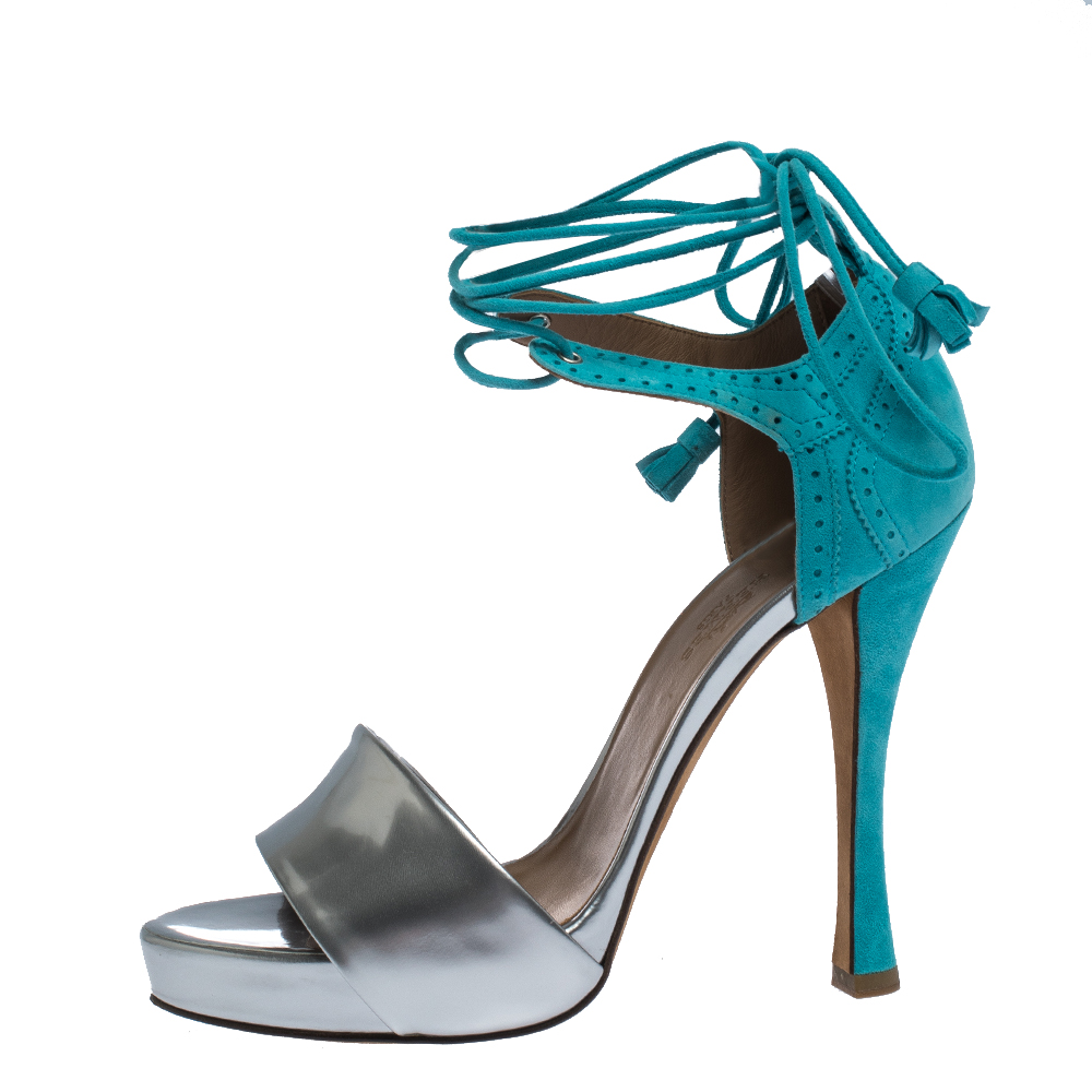 

Hermes Turquoise/Silver Brogue Suede and Patent Leather Ankle Wrap Sandals Size, Blue