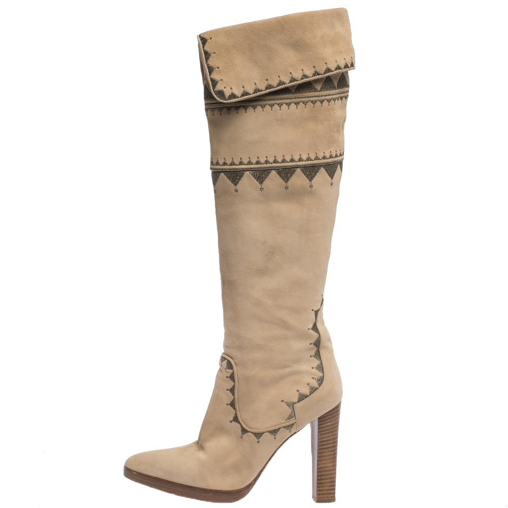 

Hermes Beige Suede Embroidery Detail Knee High Boots Size