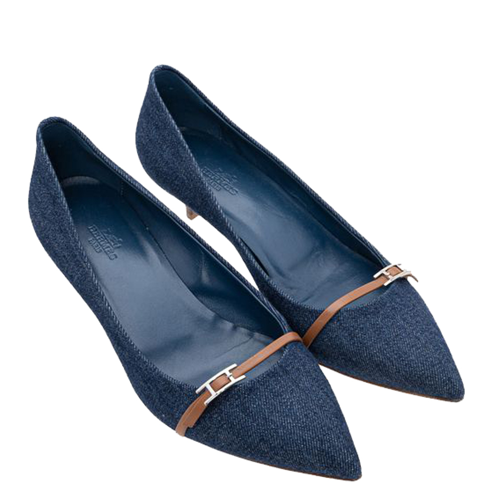 

Hermes Navy Blue Denim & Leather Lauren 60 Pumps