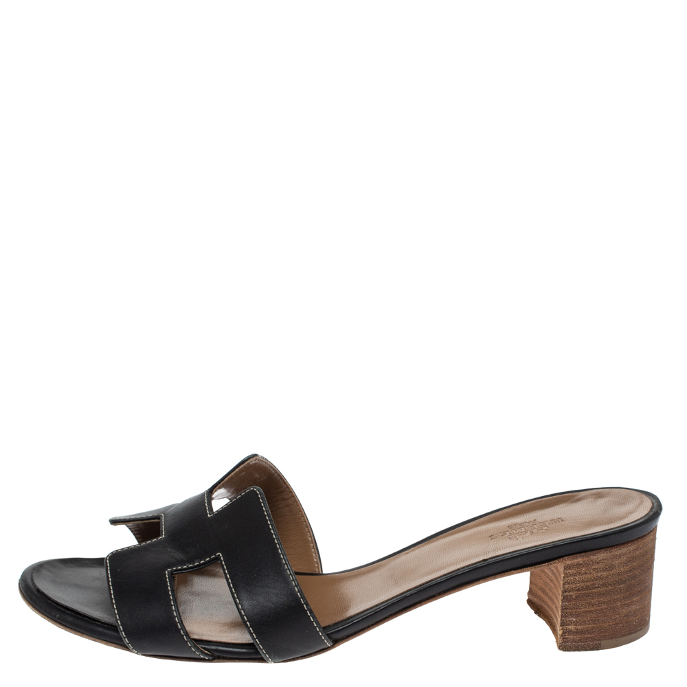 

Hermes Black Leather Oasis Slide Sandals Size