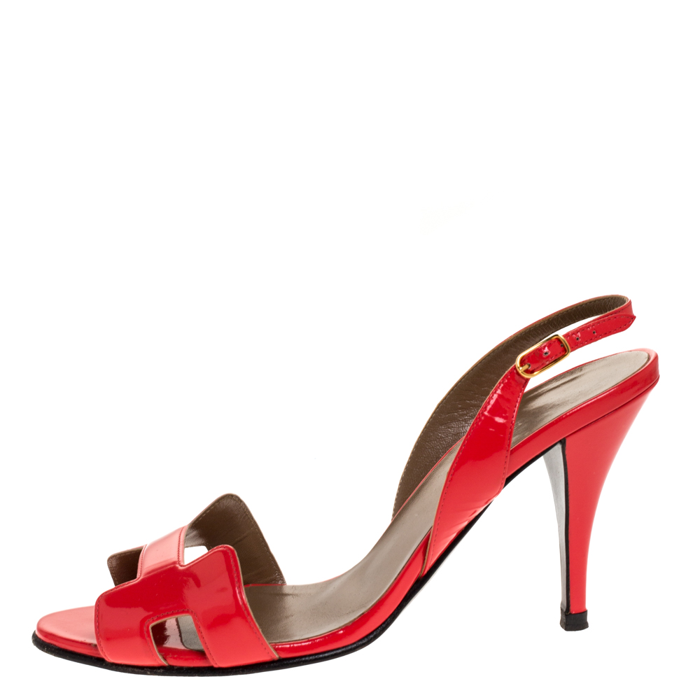 

Hermes Dark Orange Patent Leather Night Slingback Sandals Size
