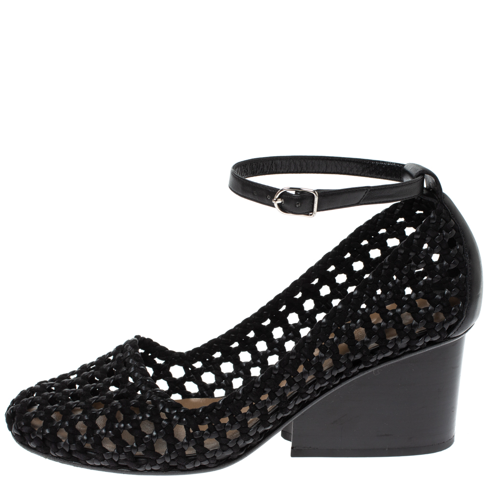 

Hermès Black Woven Leather And Suede Block Heel Pumps Size