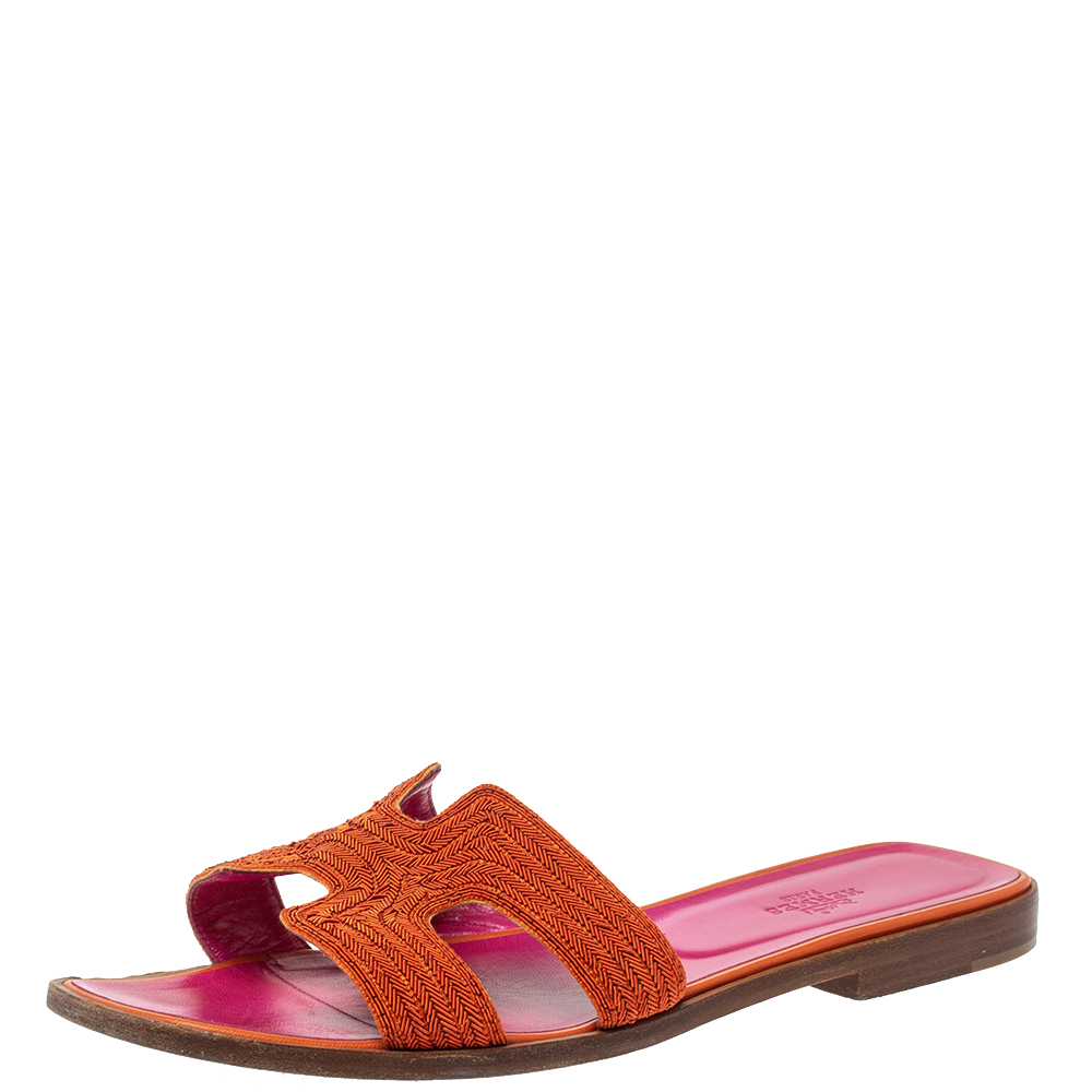 مملوكة مسبقًا Hermes Orange/Pink Twill Oran Herringbone Dabka Slide Flats Size 39 
