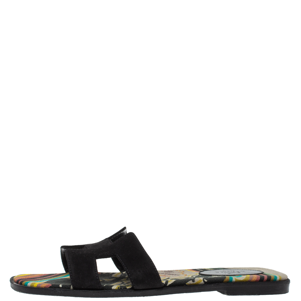 

Hermes Black/Multicolor Suede and Canvas Brides de Gala Oran Flat Slides Size