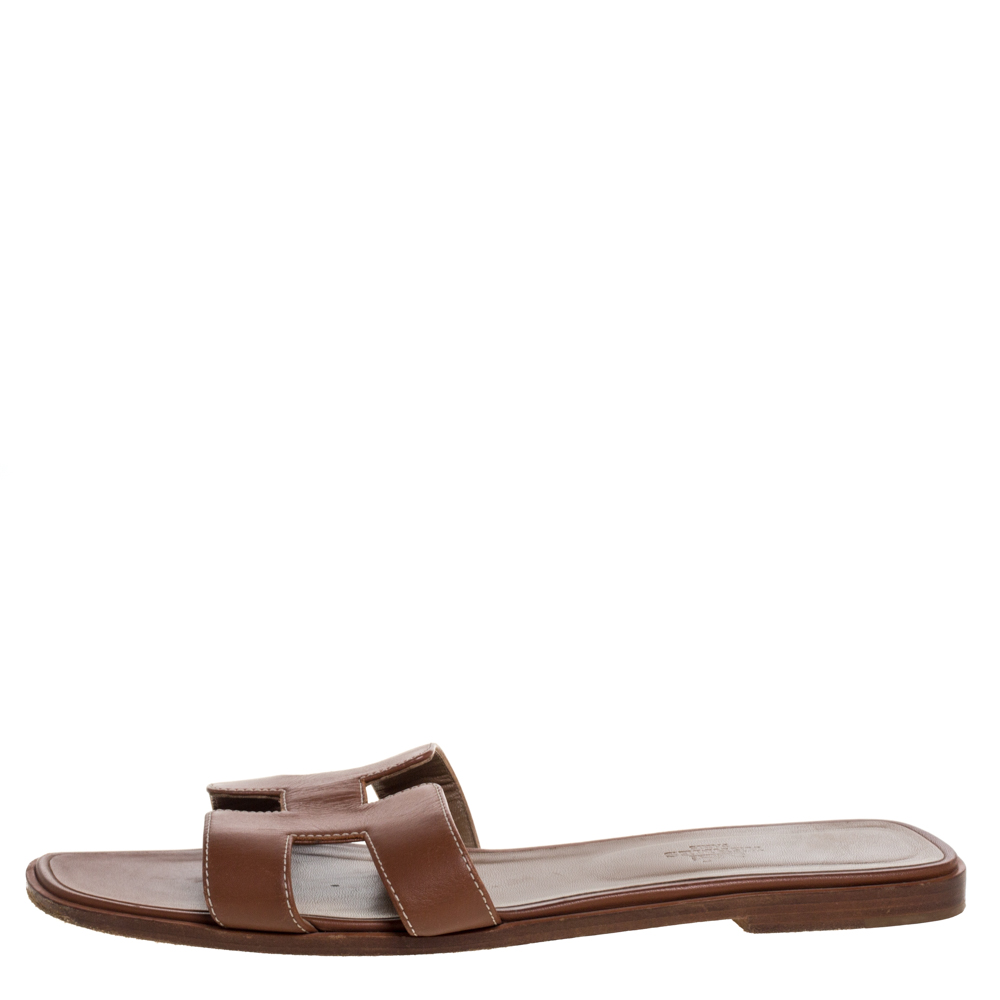 

Hermes Brown Leather Oran Flat Sandals Size