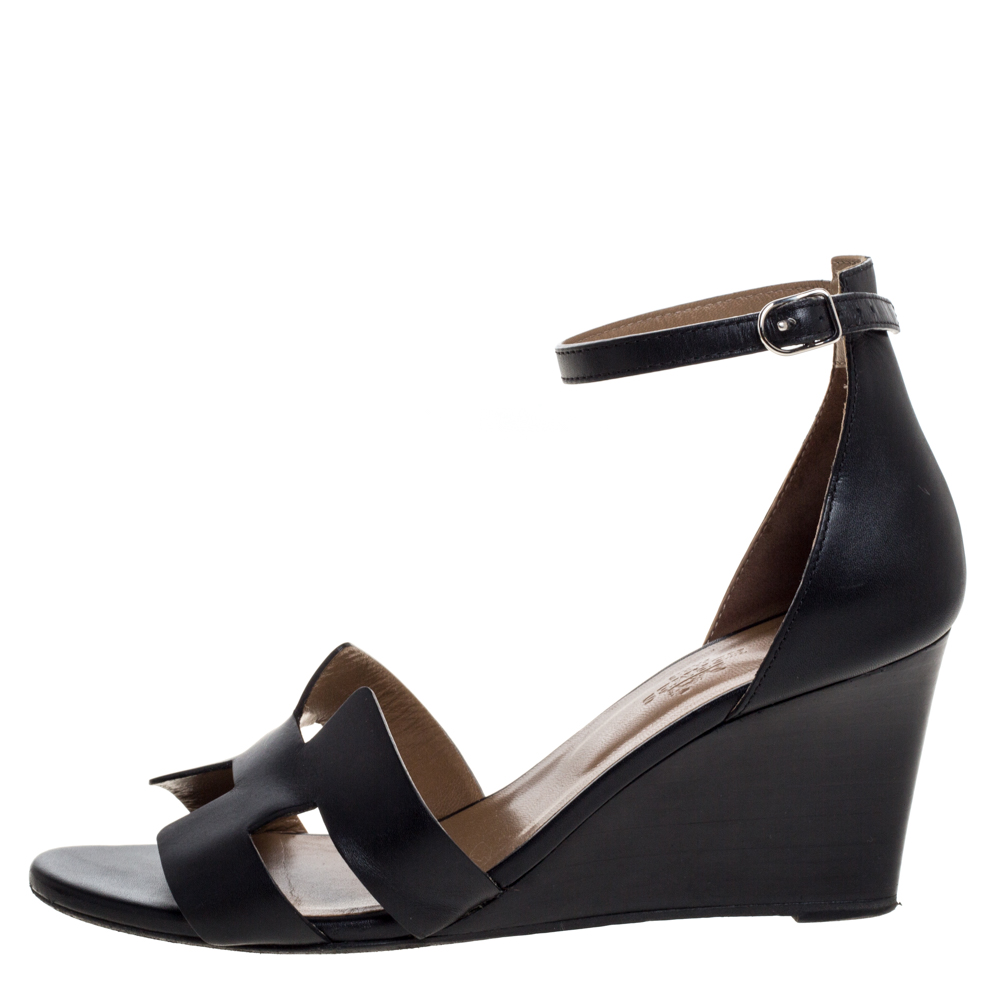 

Hermes Black Leather Premiere Ankle Strap Wedge Sandals Size