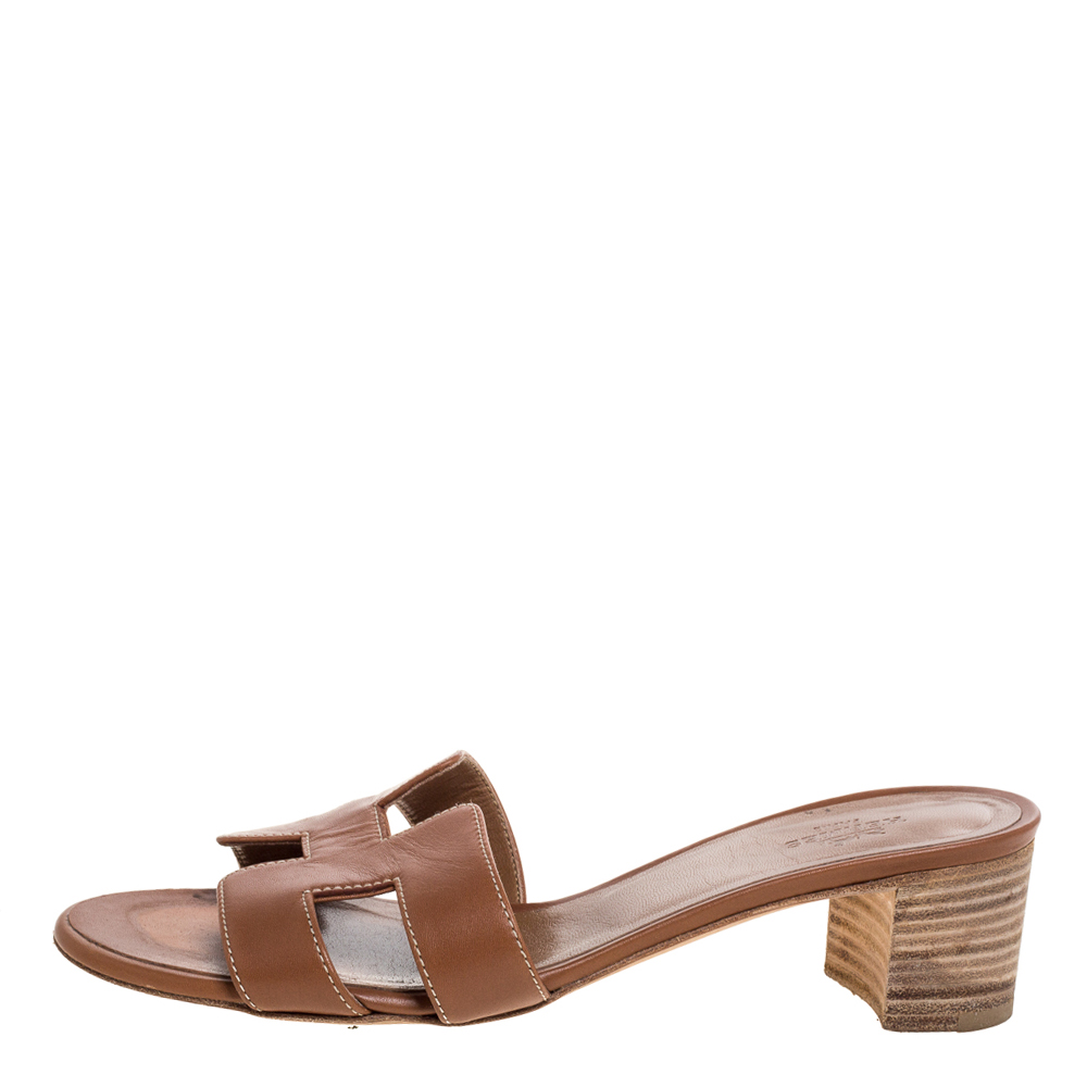 

Hermes Brown Leather Oasis Slide Sandals Size