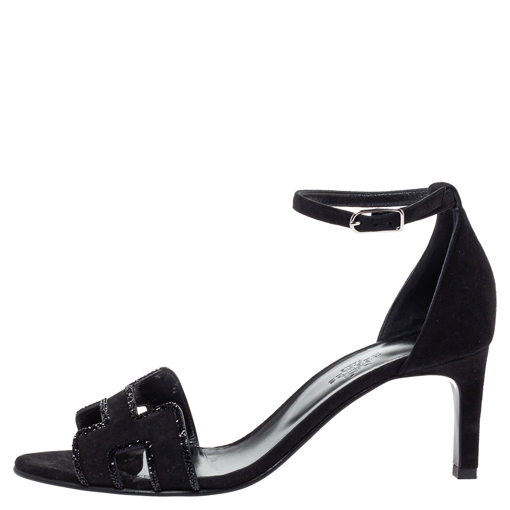 

Hermes Black Suede Crystal Embellished Premiere Ankle Strap Sandals Size