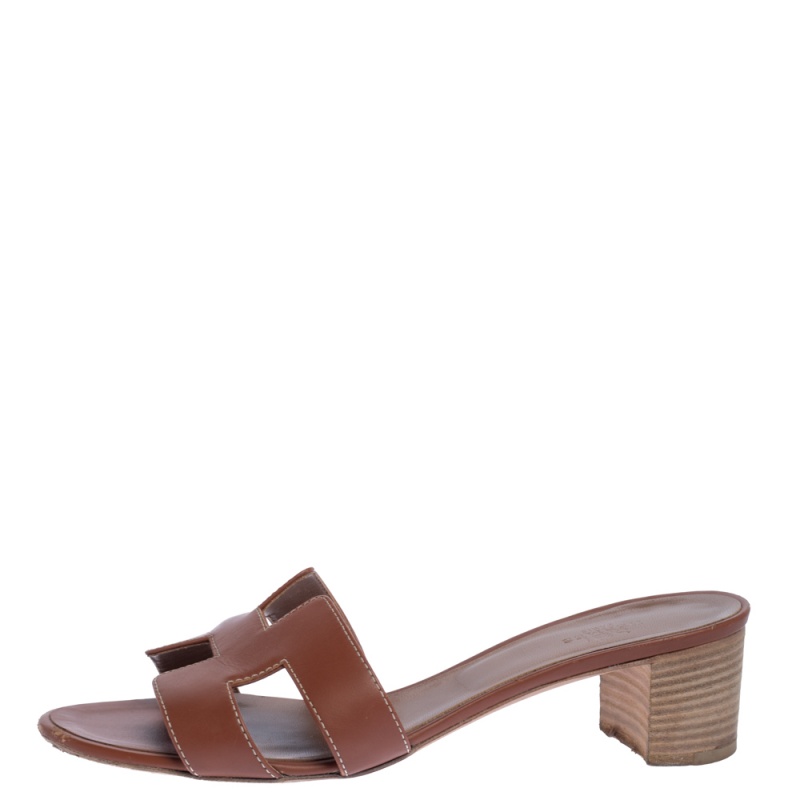 

Hermes Brown Leather Oran Block Heel Sandals Size