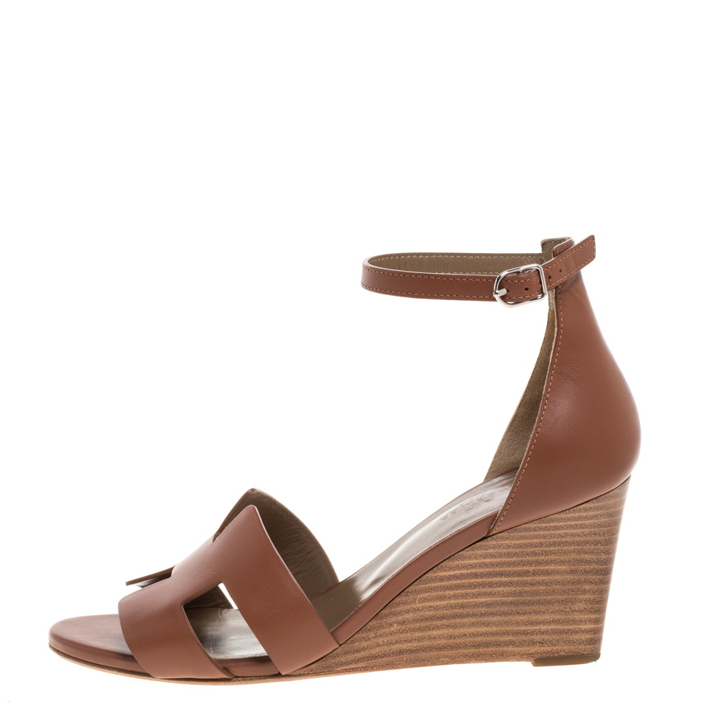

Hermes Brown Leather Legend Ankle Strap Wedge Sandals Size
