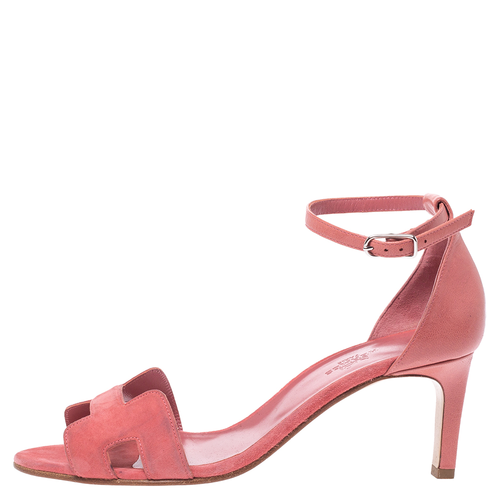 

Hermes Pink Suede Leather Highlight Ankle Strap Sandals Size
