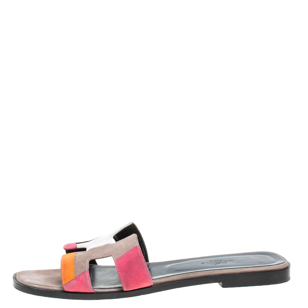 

Hermes Multicolor Suede Leather Oran Flat Slides Size