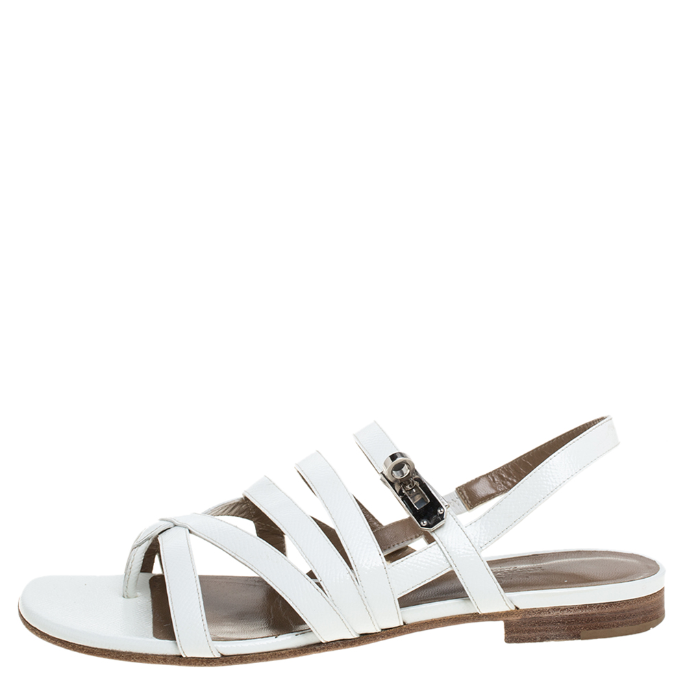 

Hermes White Leather Marine Strappy Flat Sandals Size