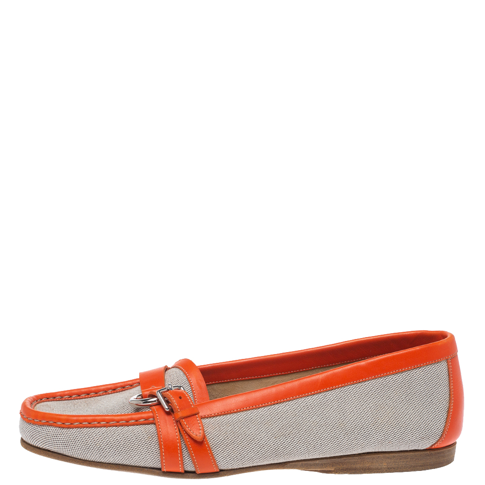 

Hermes Beige/Orange Canvas and Leather Loafers Size