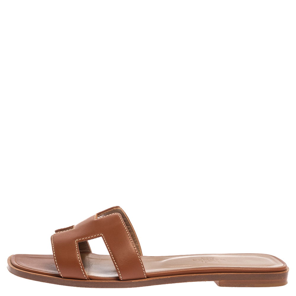 

Hermes Brown Leather Oran Flat Sandals Size