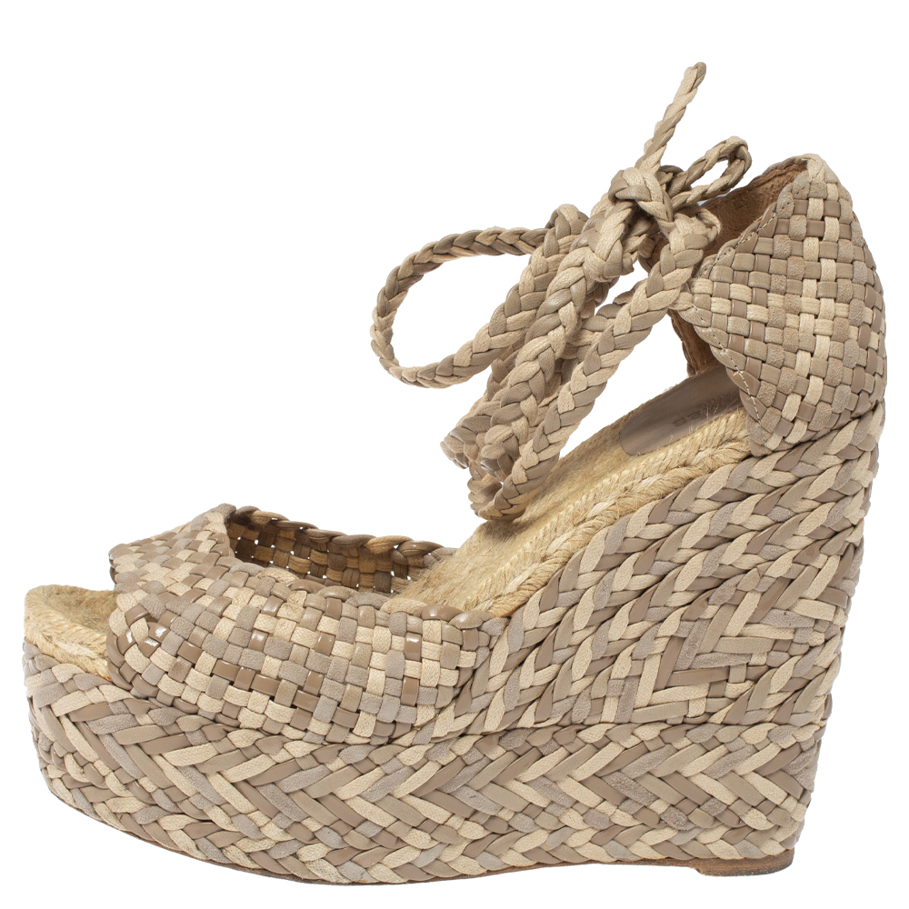 

Hermes Beige Leather, Suede and Canvas Epice Tresse Espadrille Wedge Sandals Size