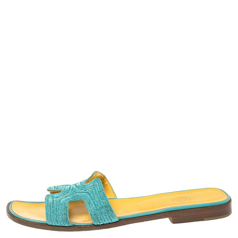 

Hermes Blue Fabric Oran Flat Slides Size