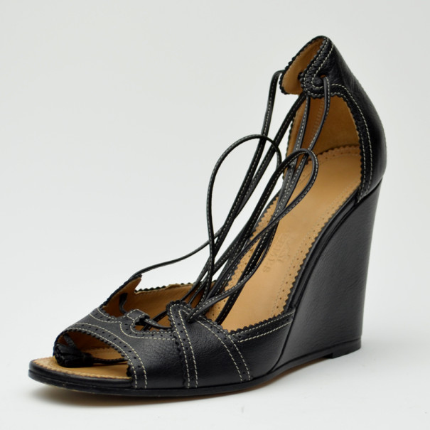 مملوكة مسبقًا Hermes Black Leather Wedges Size 37