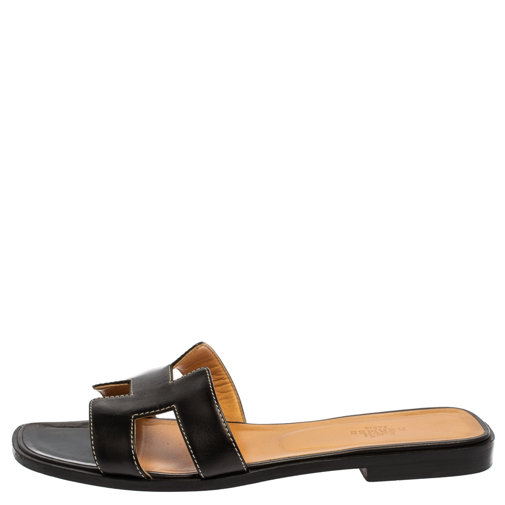 

Hermes Black Leather Oran Slide Sandals Size