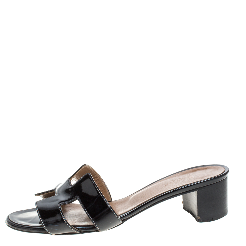 

Hermes Black Patent Leather Oasis Slide Sandals Size