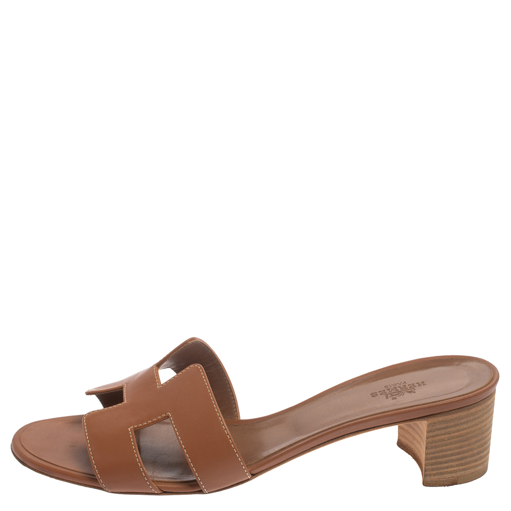 

Hermes Brown Leather Oran Block Heel Sandals Size