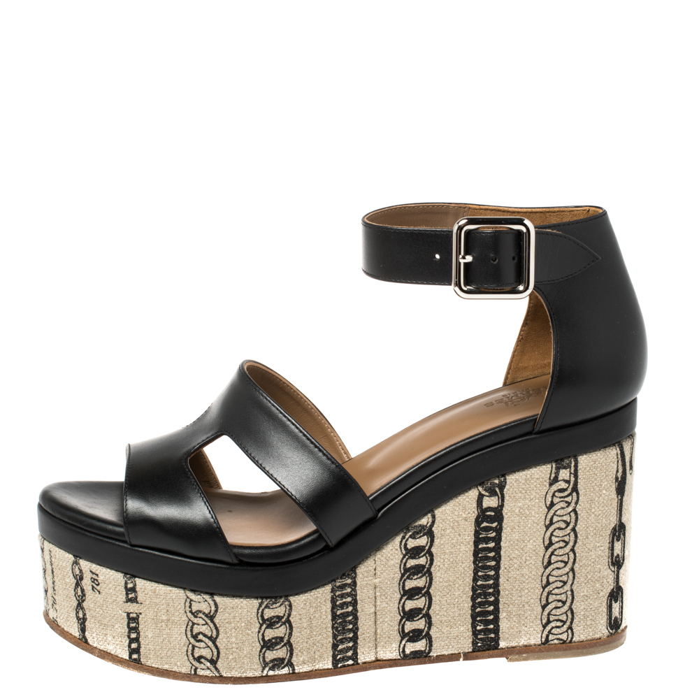 

Hermes Black Leather Chain Print Wedge Sandals Size