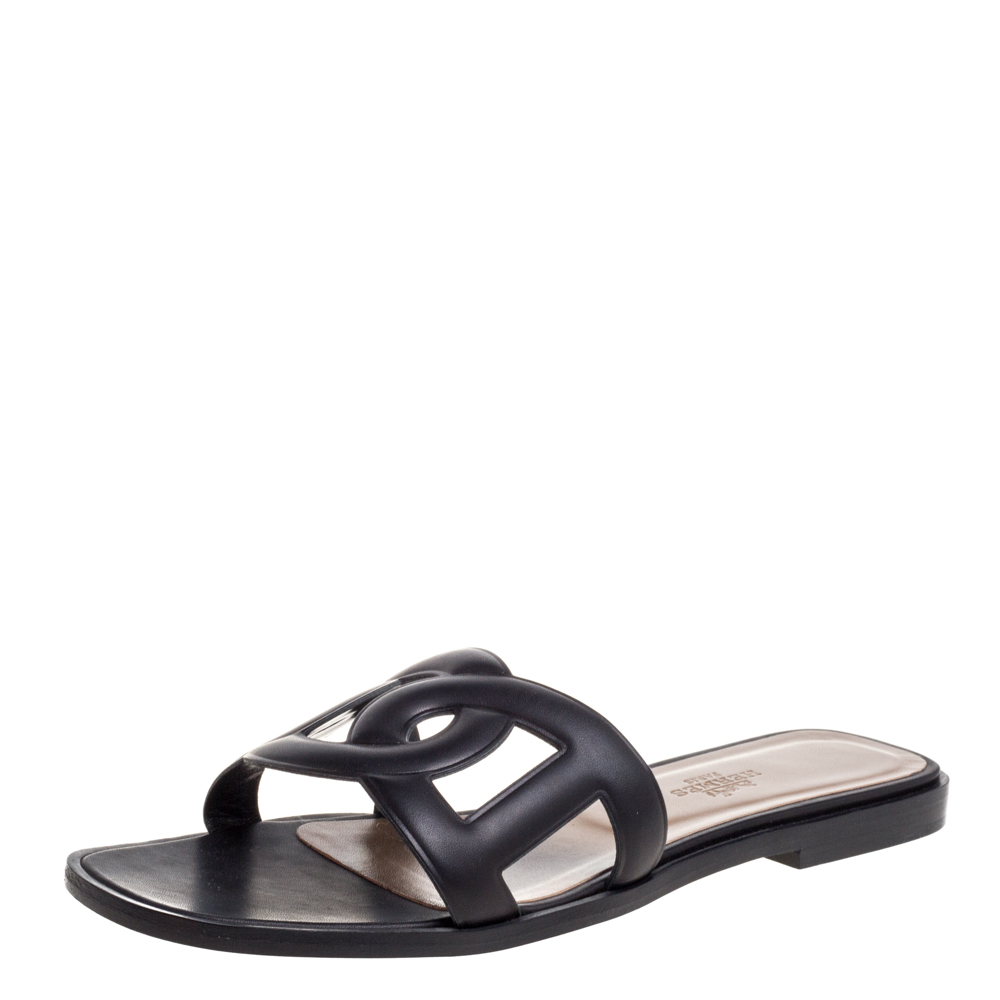 Hermes Black Leather Omaha Flat Slides Size 37