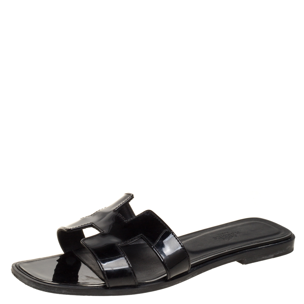 Hermes Black Patent Leather Oran Flats Size 38.5