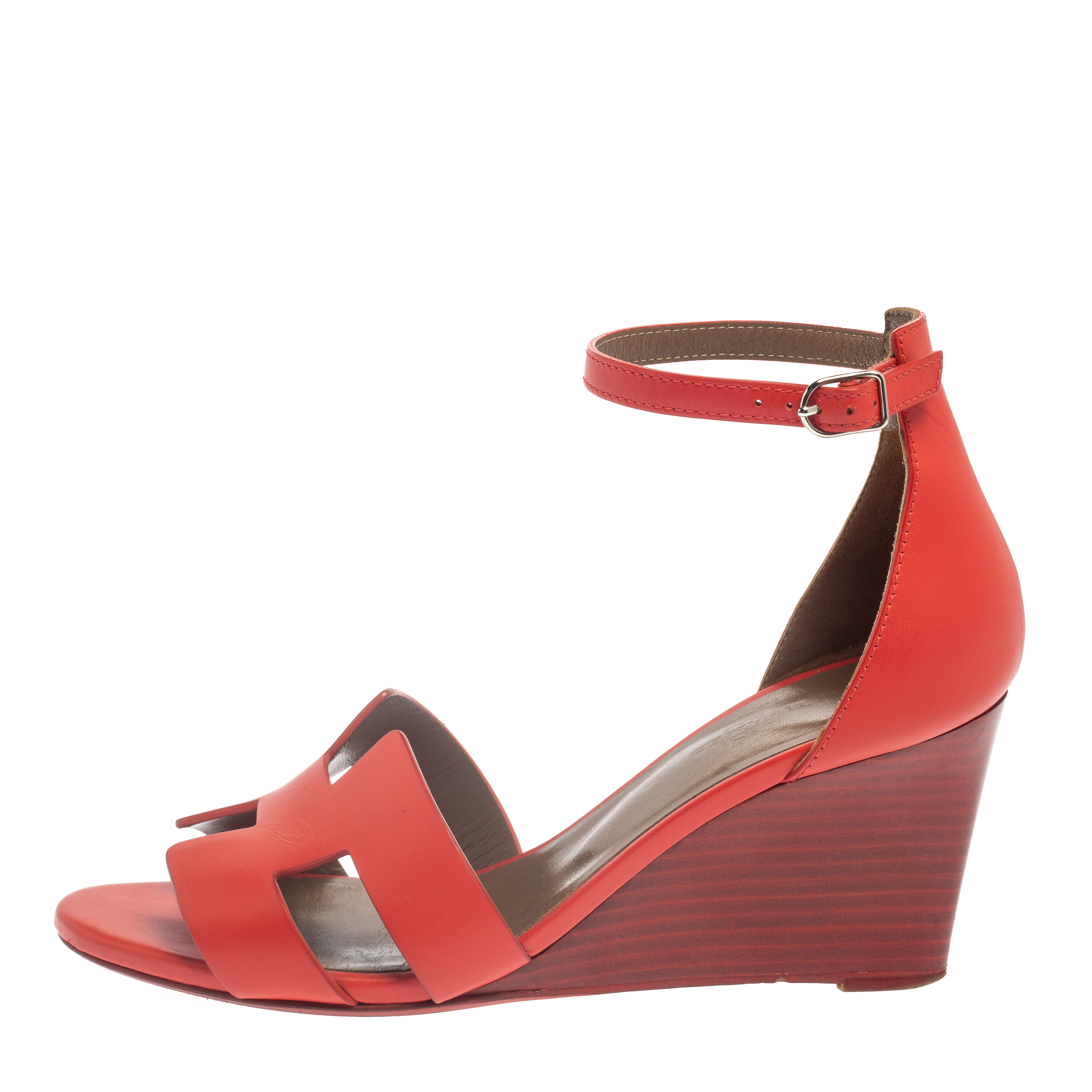 

Hermes Red Leather Legend Ankle Strap Wedge Sandals Size
