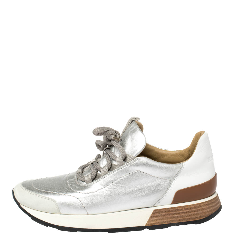 

Hermes Silver Leather and Suede Trail Low Top Sneakers Size