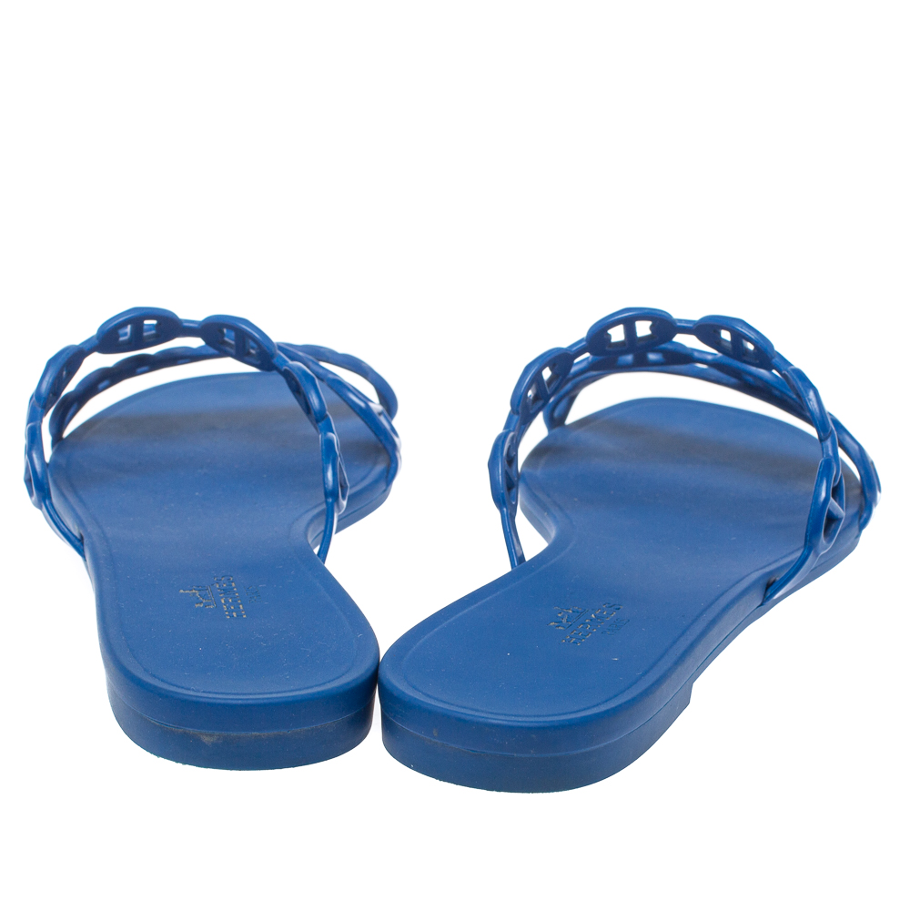 Hermes Blue Rubber Chaine d'Ancre Rivage Slide Sandals Size 37 at