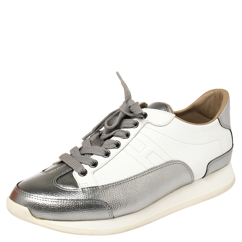 Pre Owned Hermes Metallic Silver/White Leather H Sneakers Size 39