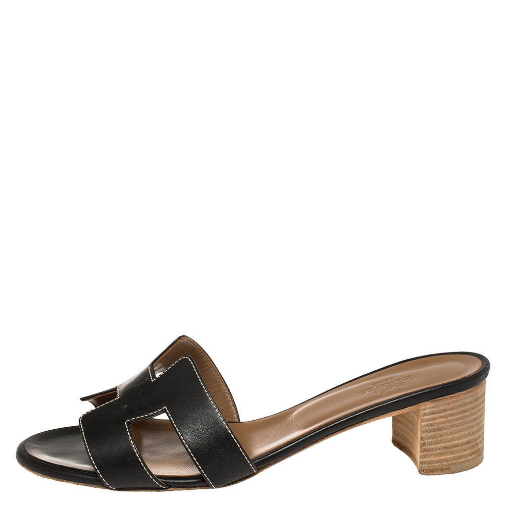 

Hermes Black Leather Oran Sandals Size