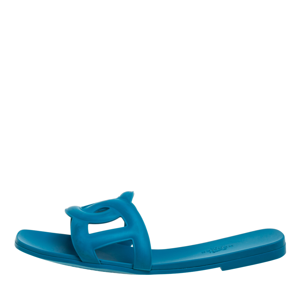 

Hermes Blue Rubber Omaha Slide Sandals Size