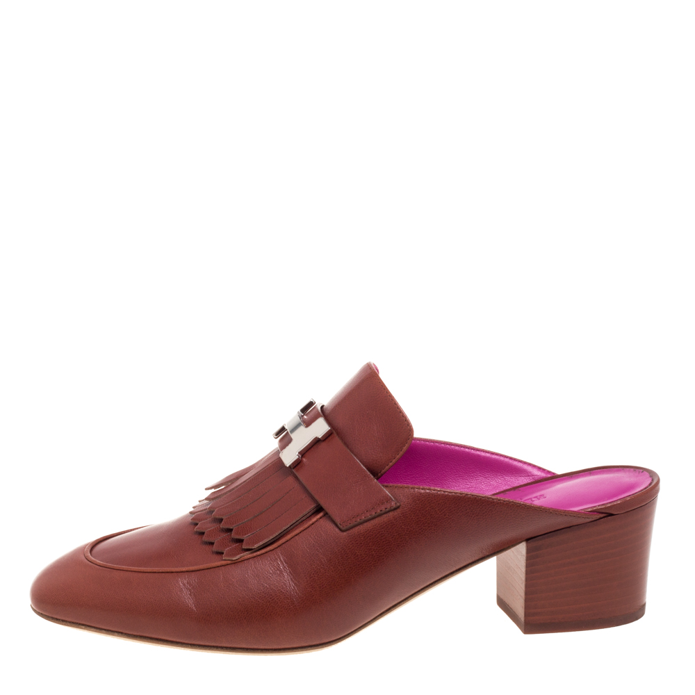 

Hermes Brown Leather Tuileries Block Heel Mules Size
