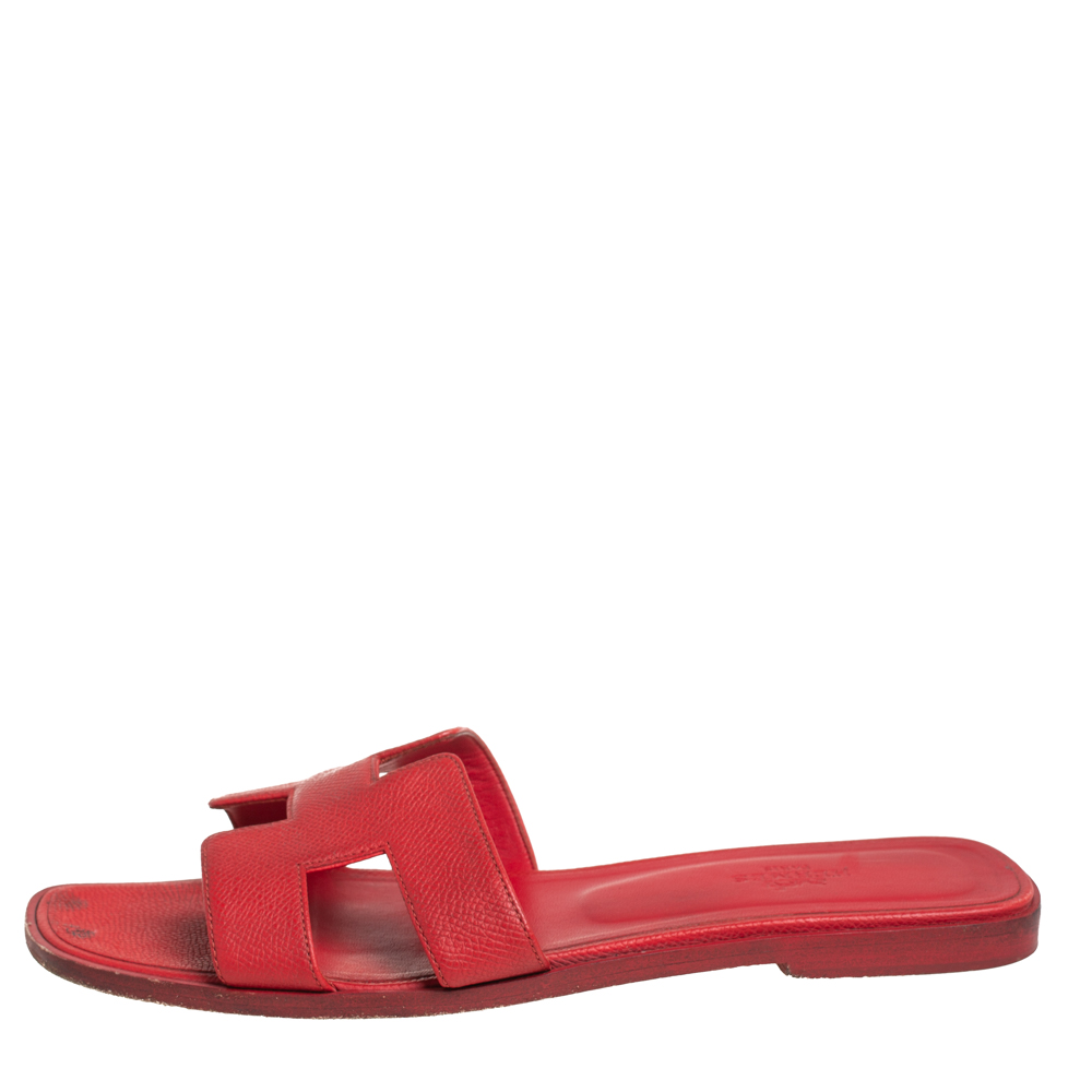 

Herm÷s Red Leather Oran Slide Sandals Size, Orange