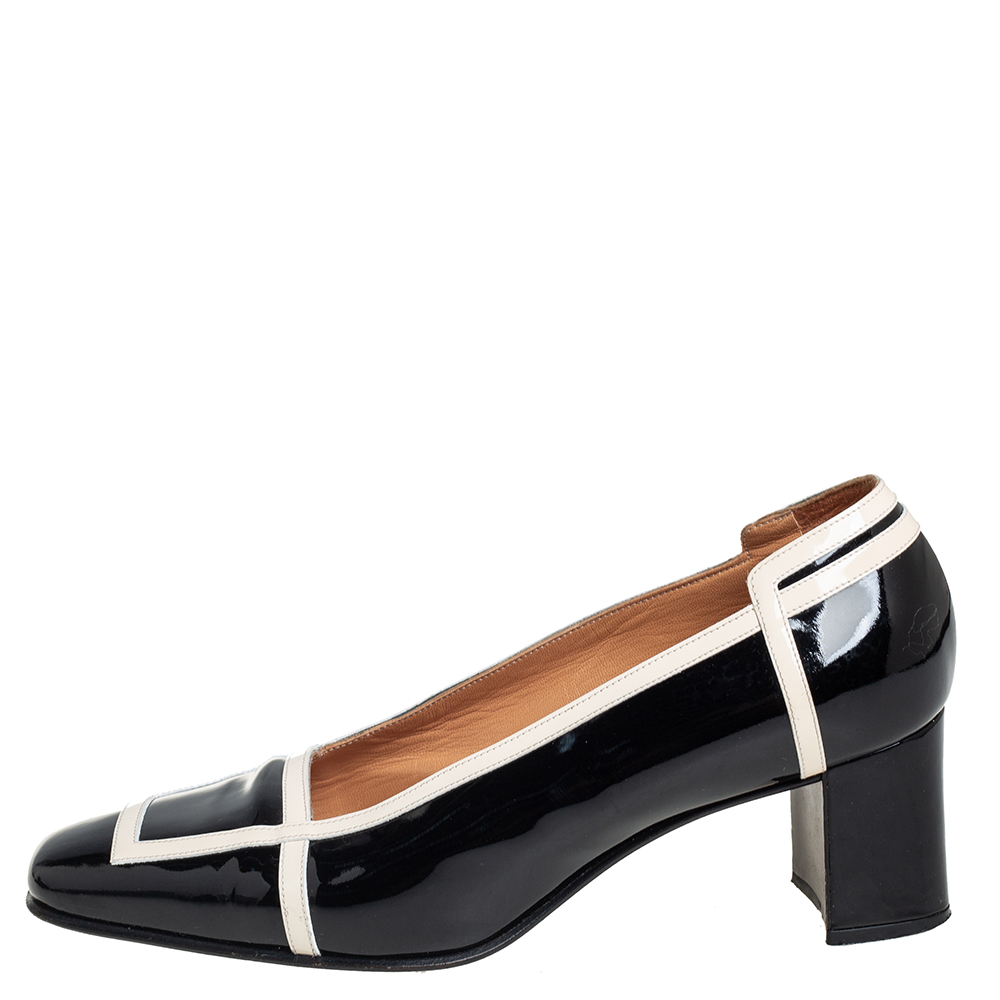 

Hermes Black/Cream Patent Leather Square Toe Block Heel Pumps Size