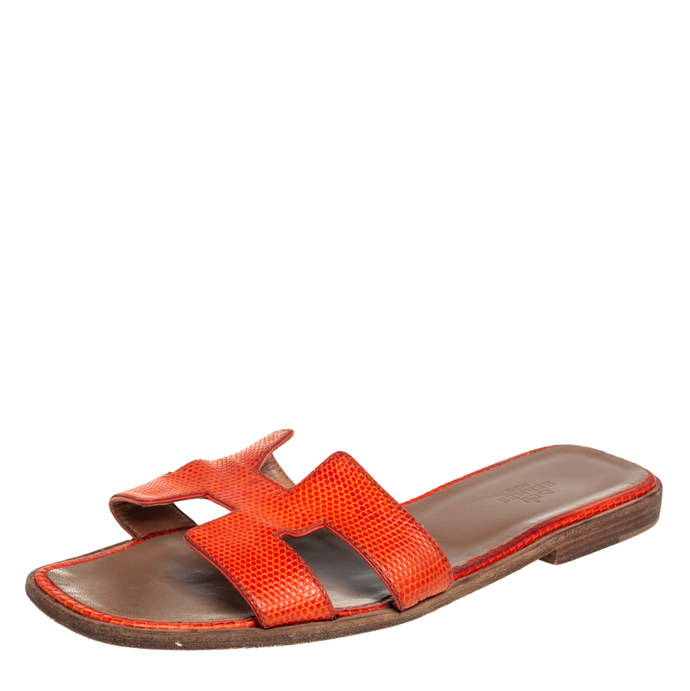 Pre-owned Hermes Orange Lizard Oran Slide Sandals Size 40