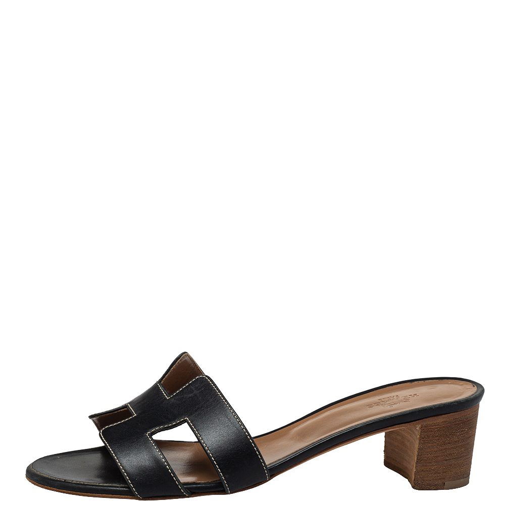 

Hermes Black Leather Oasis Slide Sandals Size