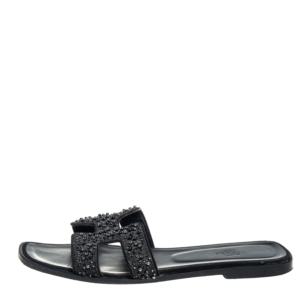 

Hermes Black Glitter Suede Embellished Oran Flat Slides Size