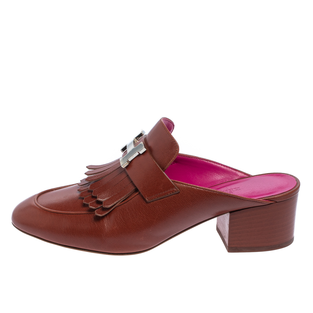 

Hermés Brown Leather Tuileries Fringe Mules Size