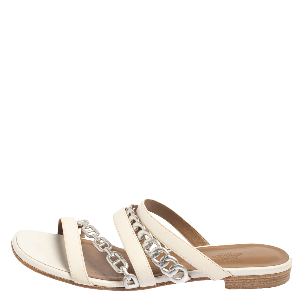 

Hermes White/Sliver Leather Amalfi Slide Sandals Size