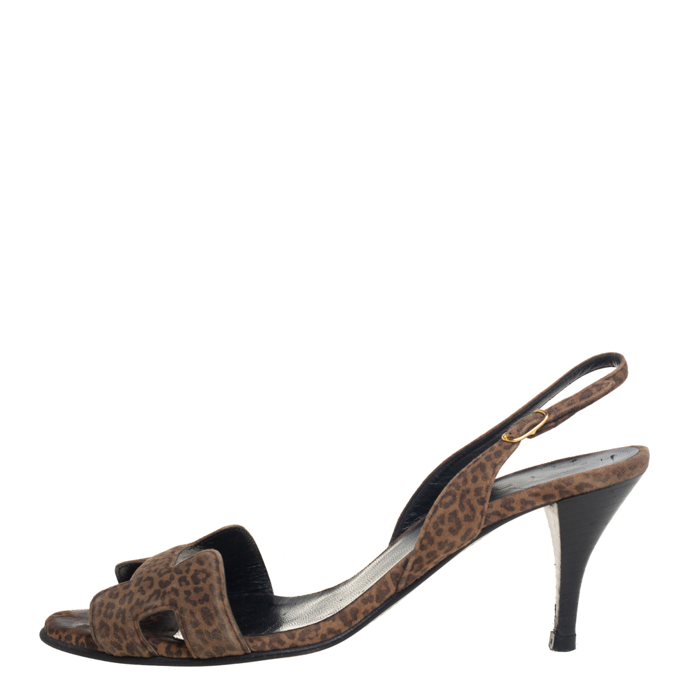 

Hermes Brown Leopard Print Suede Night Slingback Sandals Size