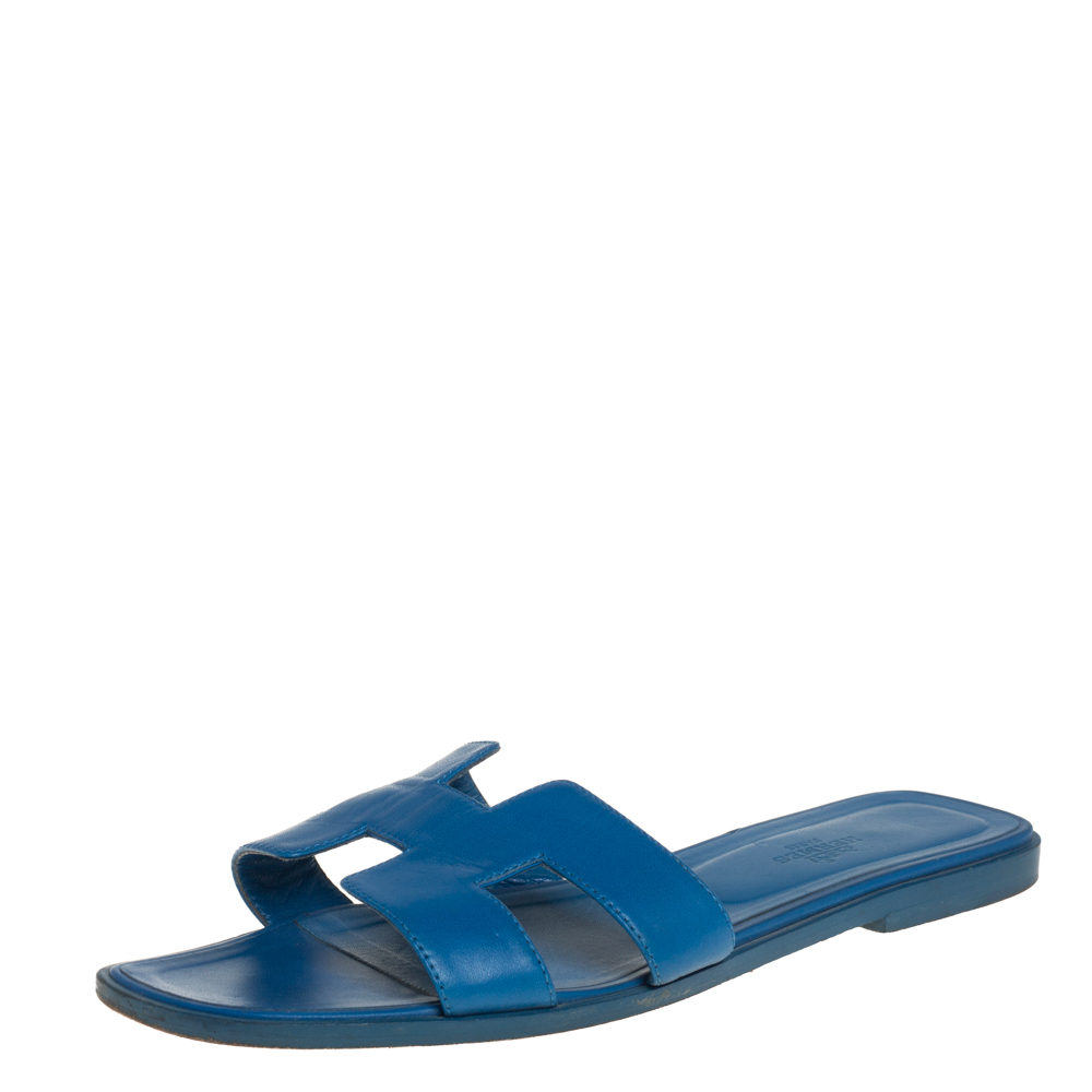 Pre Owned Hermes Blue Leather Oran Flat Slides Size 40 