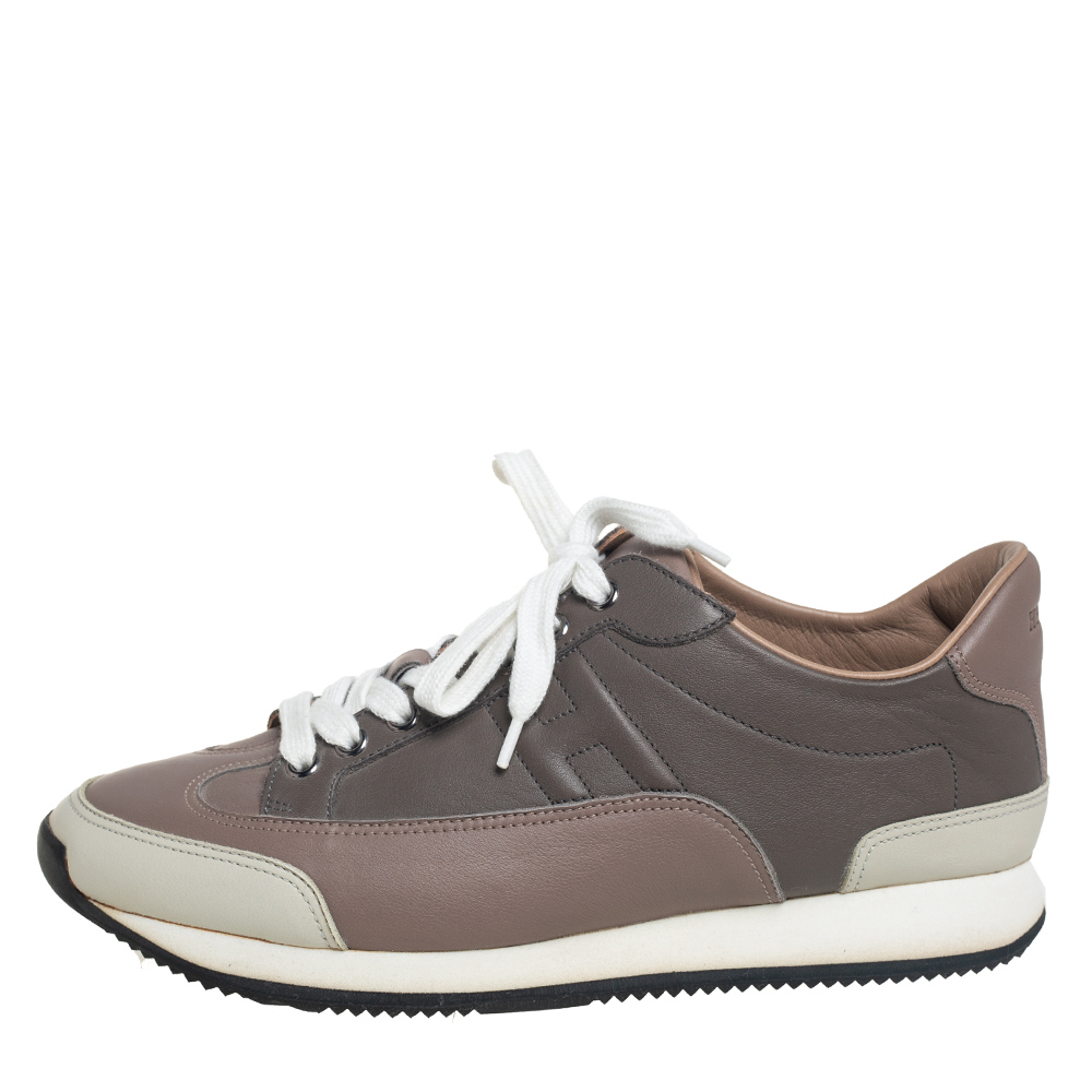 

Hermes Grey/Beige Leather Trial Low Top Sneakers Size