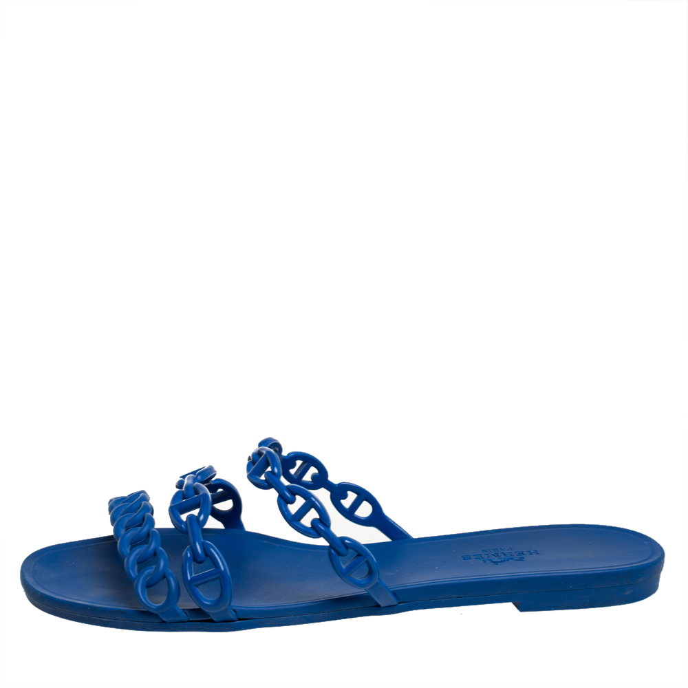 

Hermés Blue Rubber Chaîne d'Ancre Rivage Flat Slides Size