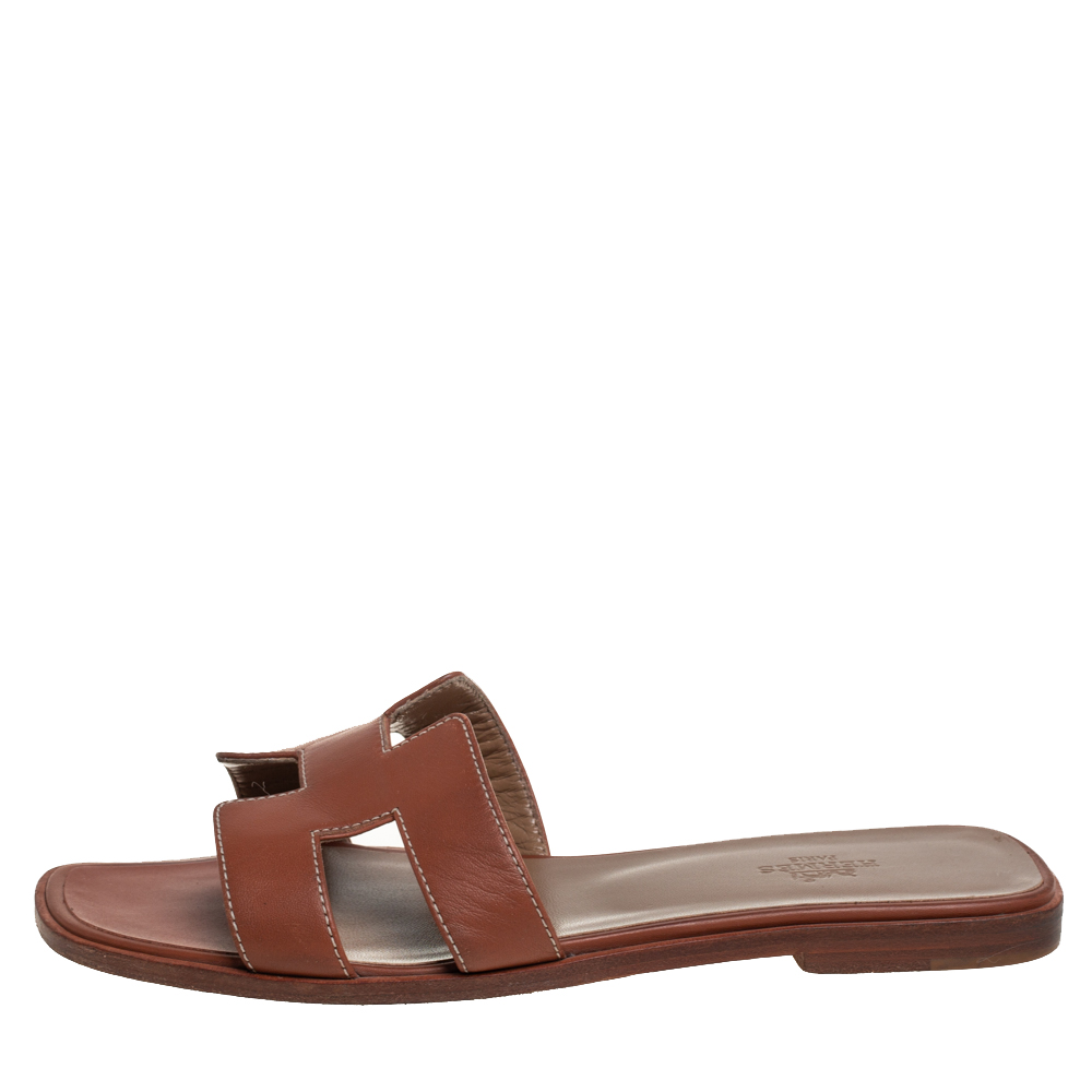 

Hermes Brown Leather Oran Sandals Size