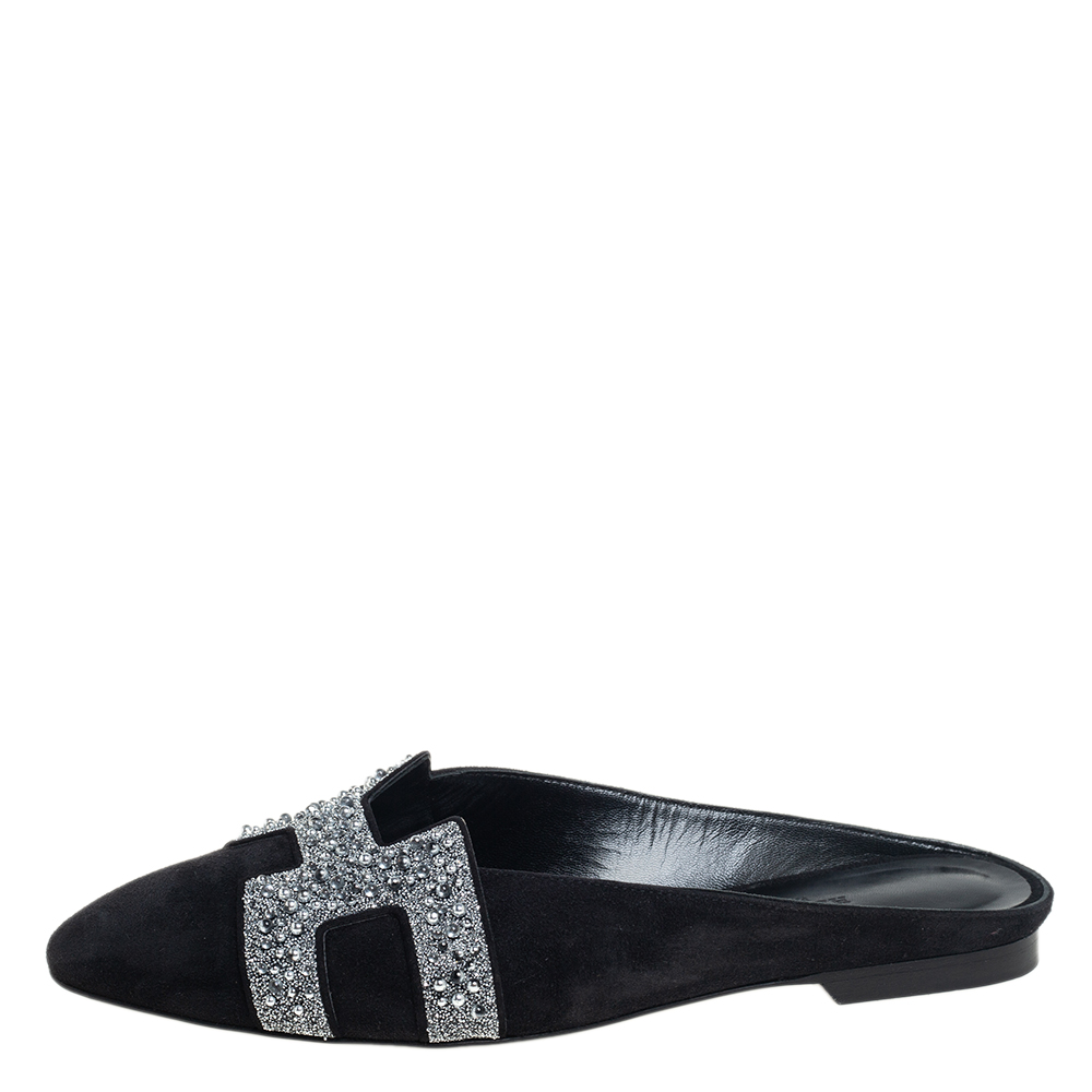 

Hermes Black/Silver Suede And Crystal Roxane Mules Size